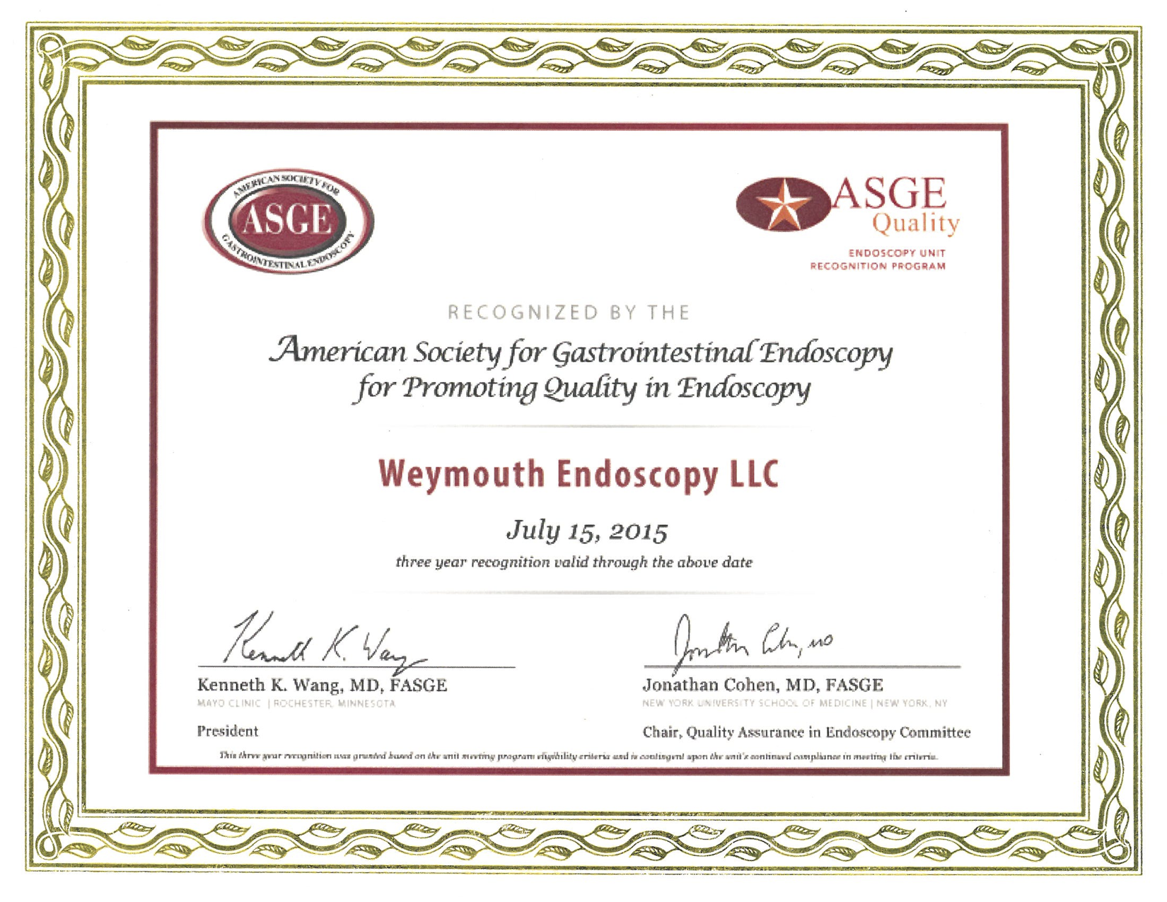 Certifications Weymouth Endoscopy