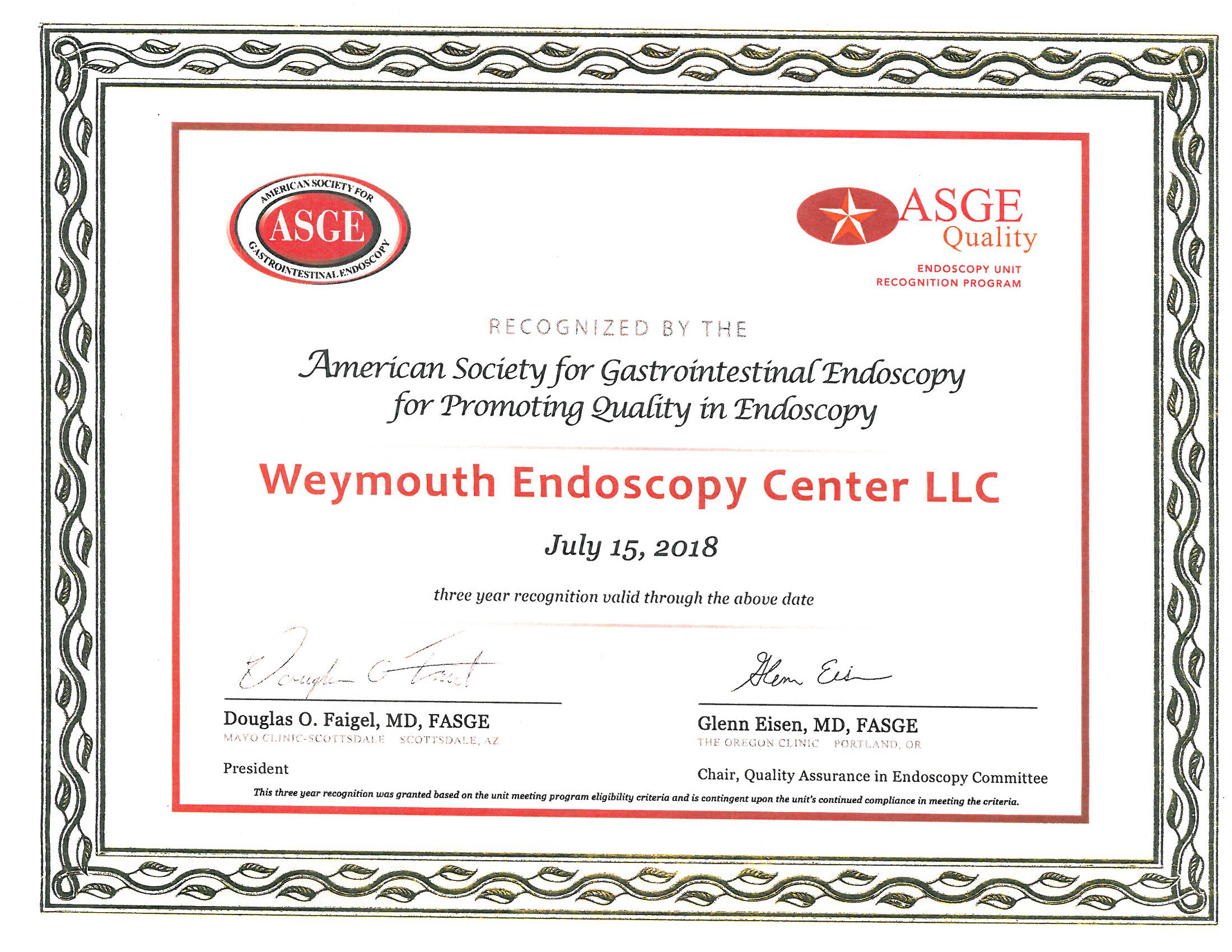 ASGE Recognition Weymouth Endoscopy